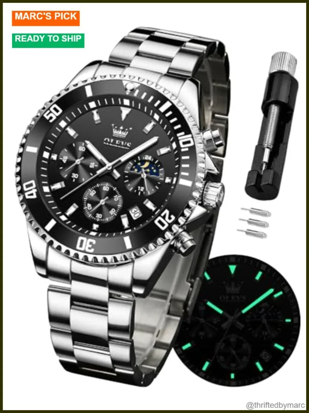 Men's Stainless Steel Analog Quartz Chronograph Moon Phase Watch Waterproof